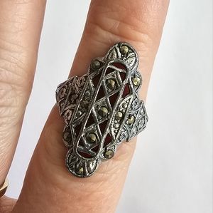 Vintage ring art deco style dark silver tone metal marcasites Uncas size 6